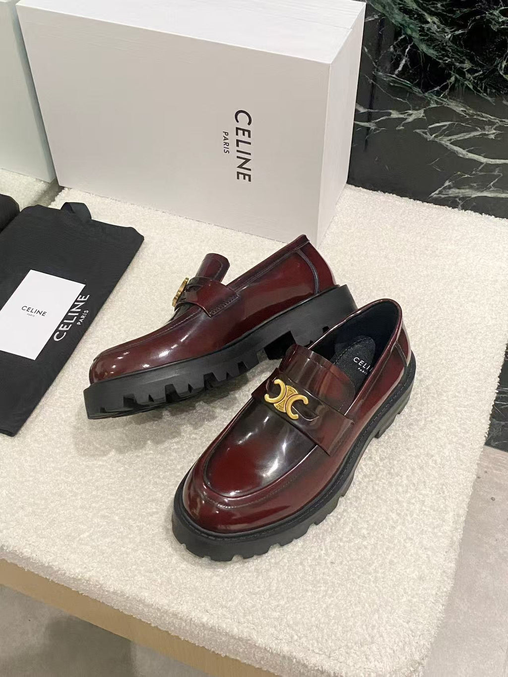 CELINE Chain Tassel Leather Loafers | 3.5cm Heel | Red