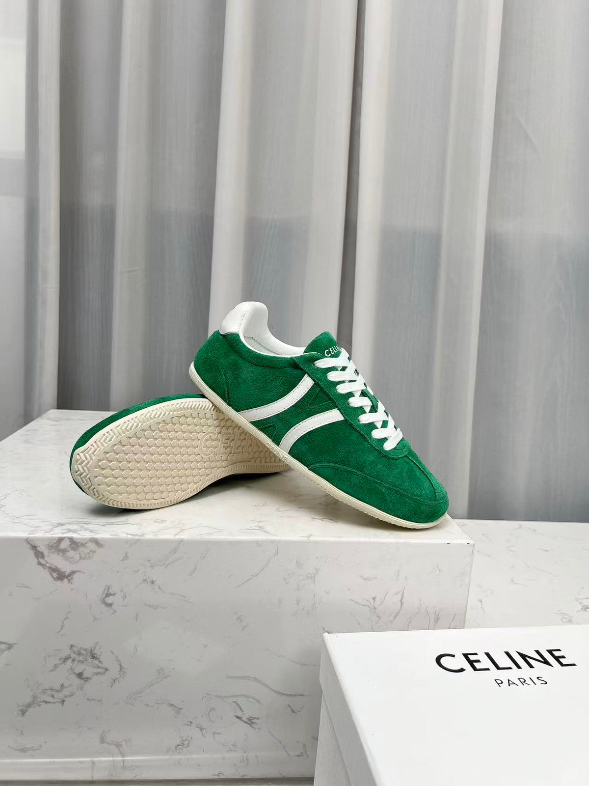 CELINE Jogger Triomphe Low-Top Sneakers in Green Cowhide & Suede