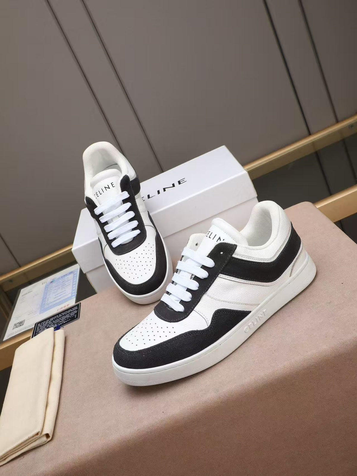 Celine Low-Top Sneakers with Celine Logo Detail — Black & White