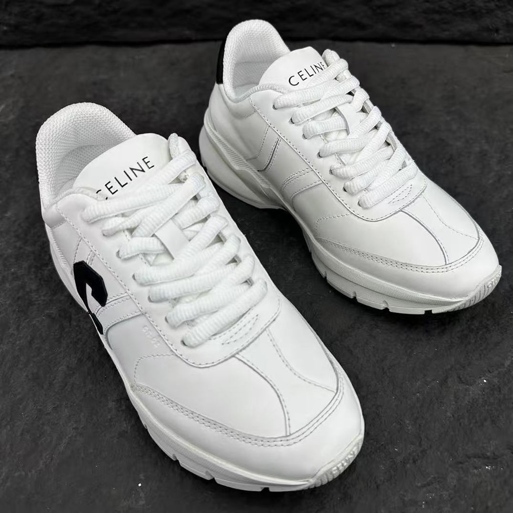 Celine CR-02 Runner Low-Top Lace-Up Sneakers in Calfskin — White with "C" Leather Detail