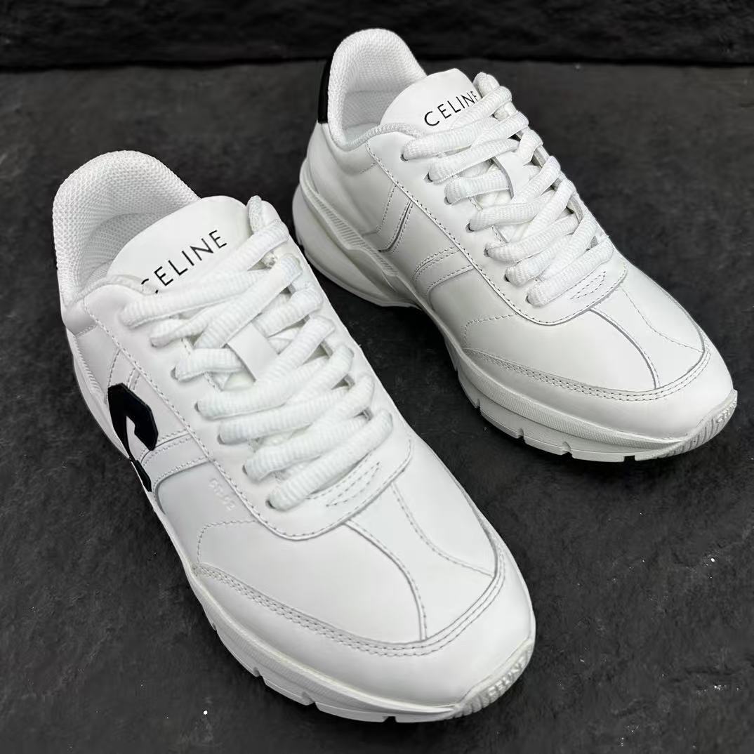 Celine CR-02 Runner Low-Top Lace-Up Sneakers in Calfskin — White with "C" Leather Detail