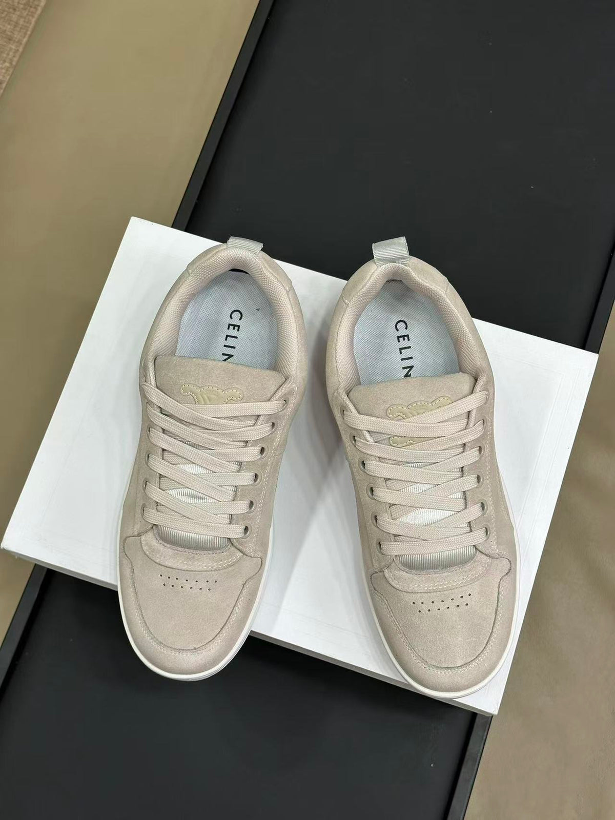 Celine Triomphe Vintage-Style Low-Top Sneakers — Ecru