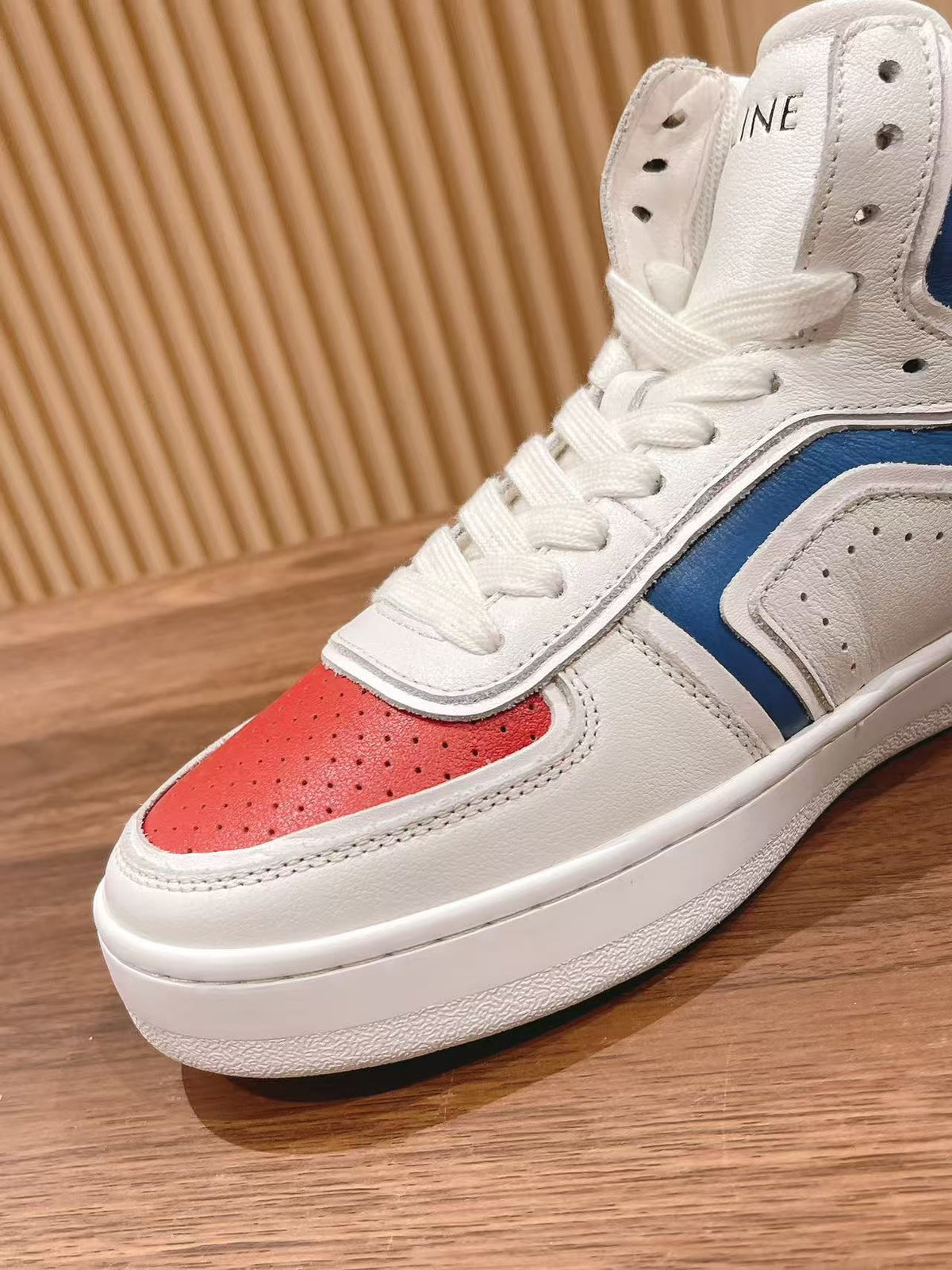 Celine Triomphe Low-Top Sneakers — White with Red & Blue