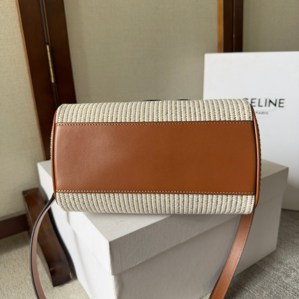 CELINE Small Triomphe Boston Bag in Brown Striped Textile