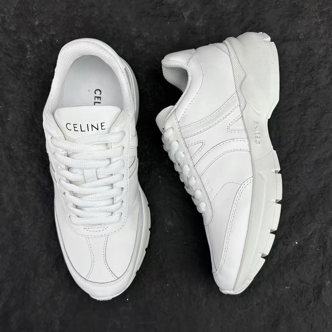Celine CR-02 Runner Low-Top Lace-Up Sneakers in Calfskin — White with Oversized Celine Logo