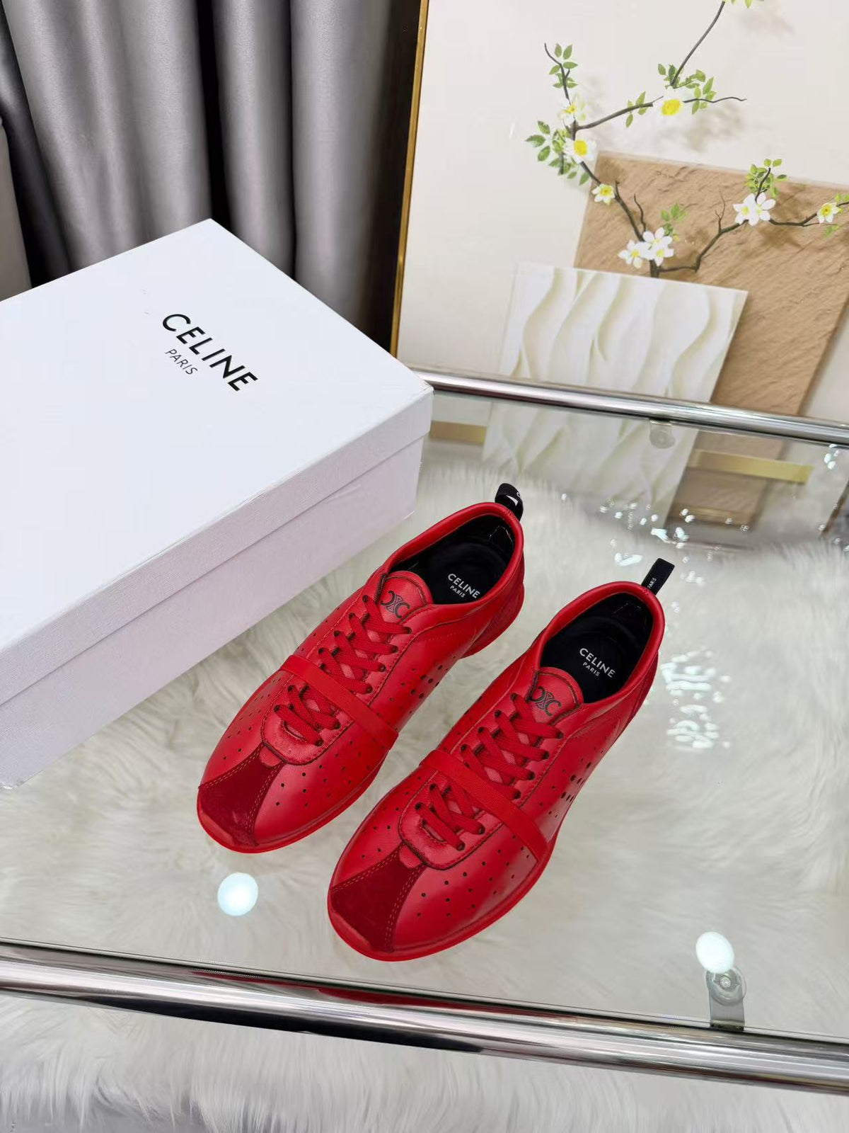 CELINE Women's Calfskin Leather Lace-Up Low-Top Casual Shoes | Red | EU 35-41