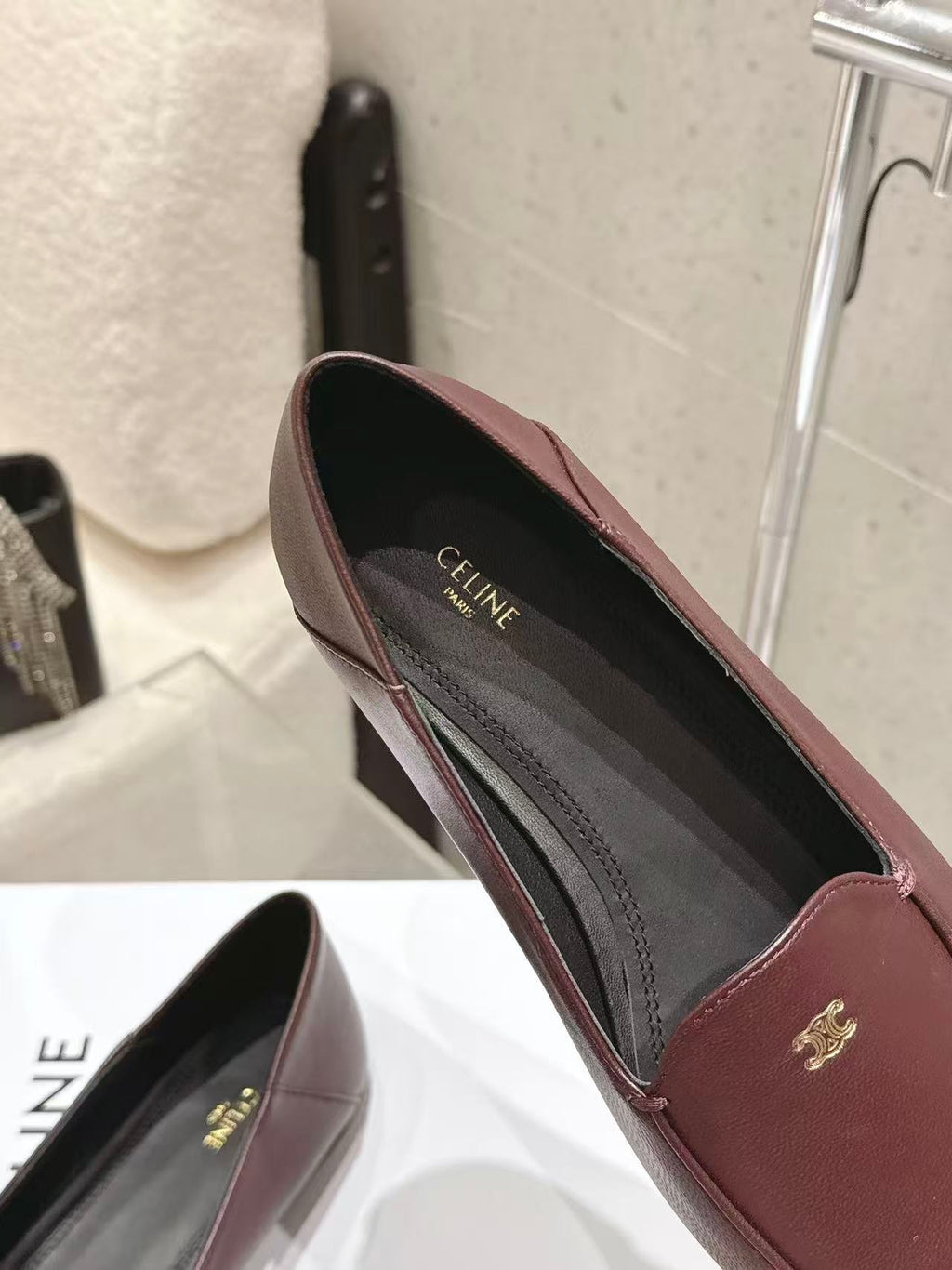 CELINE Triomphe Round-Toe Flat Loafers — Burgundy