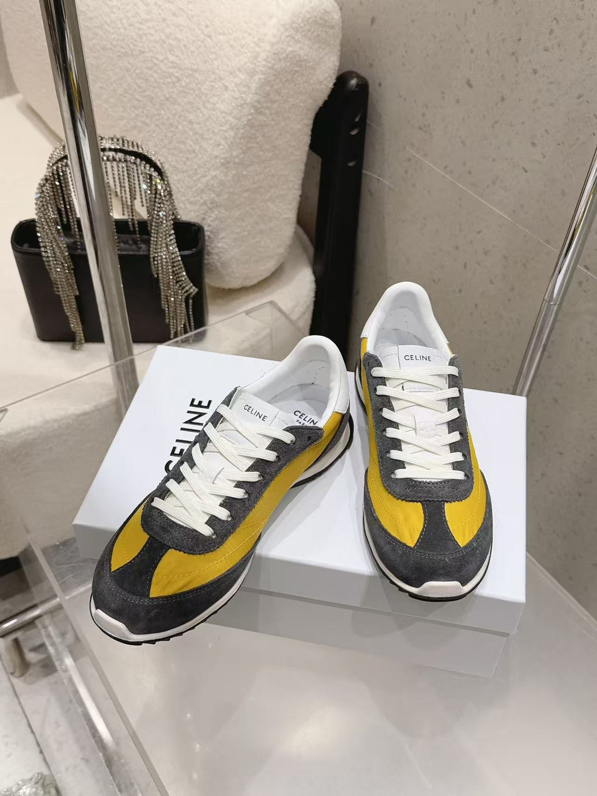 CELINE New Logo Laced Casual Sneakers — Grey & Yellow