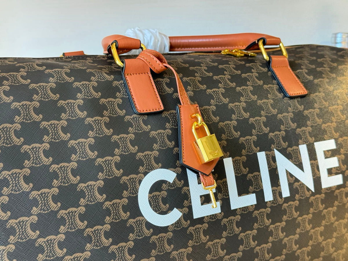 CELINE Triomphe Printed Fabric & Leather Travel Bag in Brown