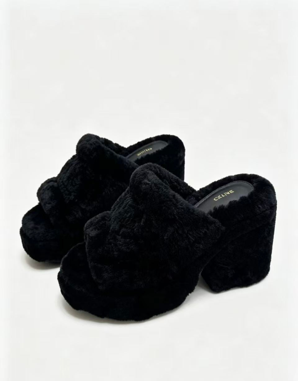 CELINE Grand Triomphe Waterproof Platform High Heels with Fur Trim — Black