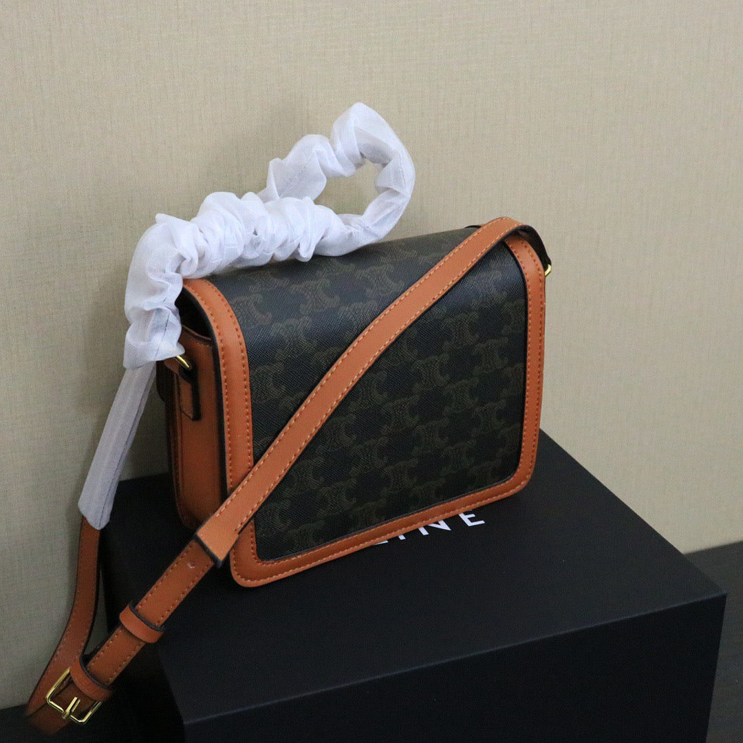 CELINE Teen Triomphe Messenger Bag — Canvas & Calfskin | Tan & Ochre