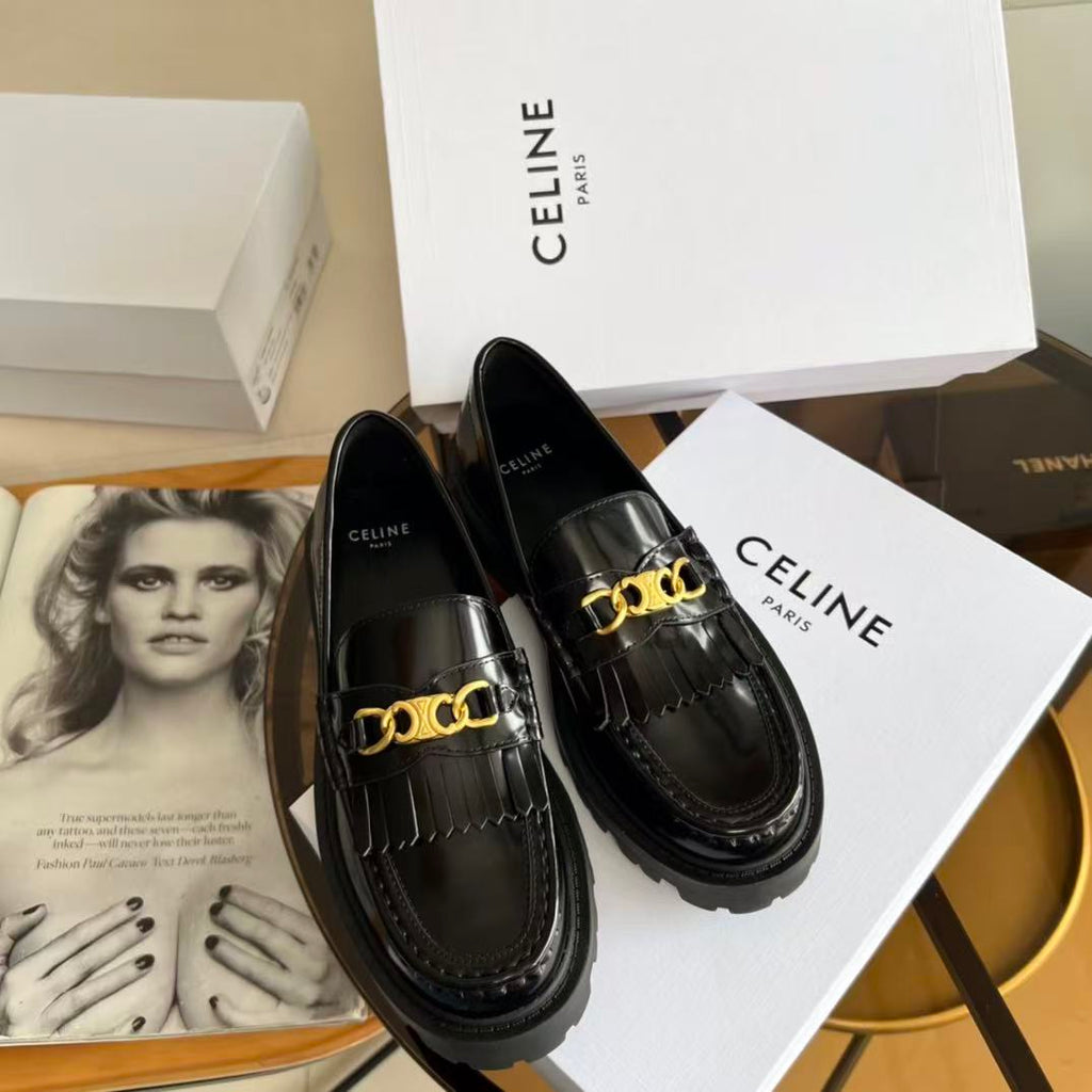 CELINE Chain Tassel Leather Loafers | 3.5cm Heel | Black & Burgundy
