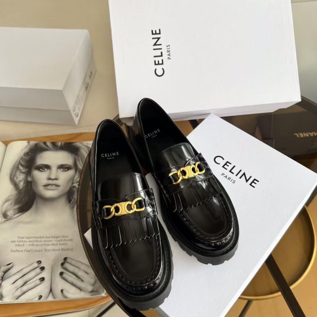 CELINE Chain Tassel Leather Loafers | 3.5cm Heel | Black & Burgundy