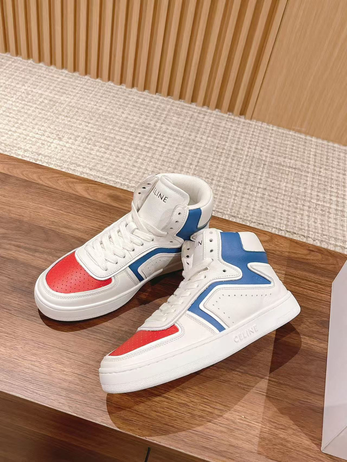 Celine Triomphe Low-Top Sneakers — White with Red & Blue