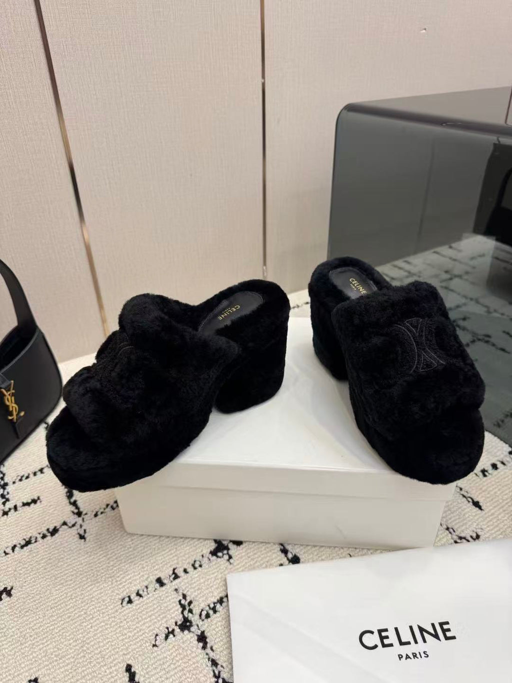 CELINE Grand Triomphe Waterproof Platform High Heels with Fur Trim — Black