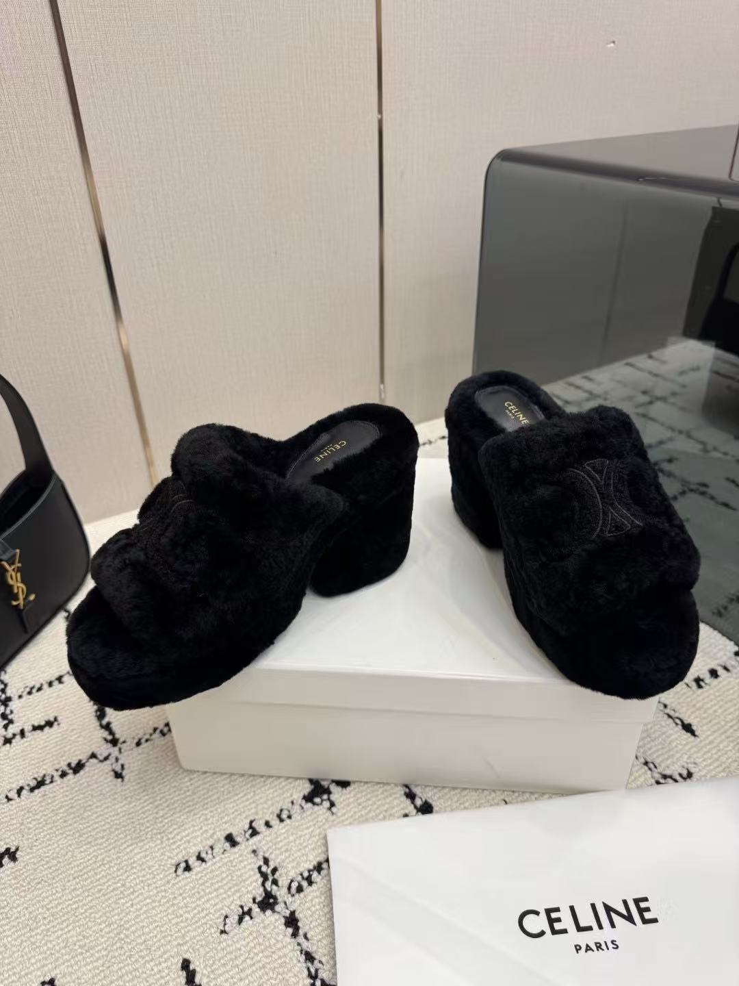 CELINE Grand Triomphe Waterproof Platform High Heels with Fur Trim — Black