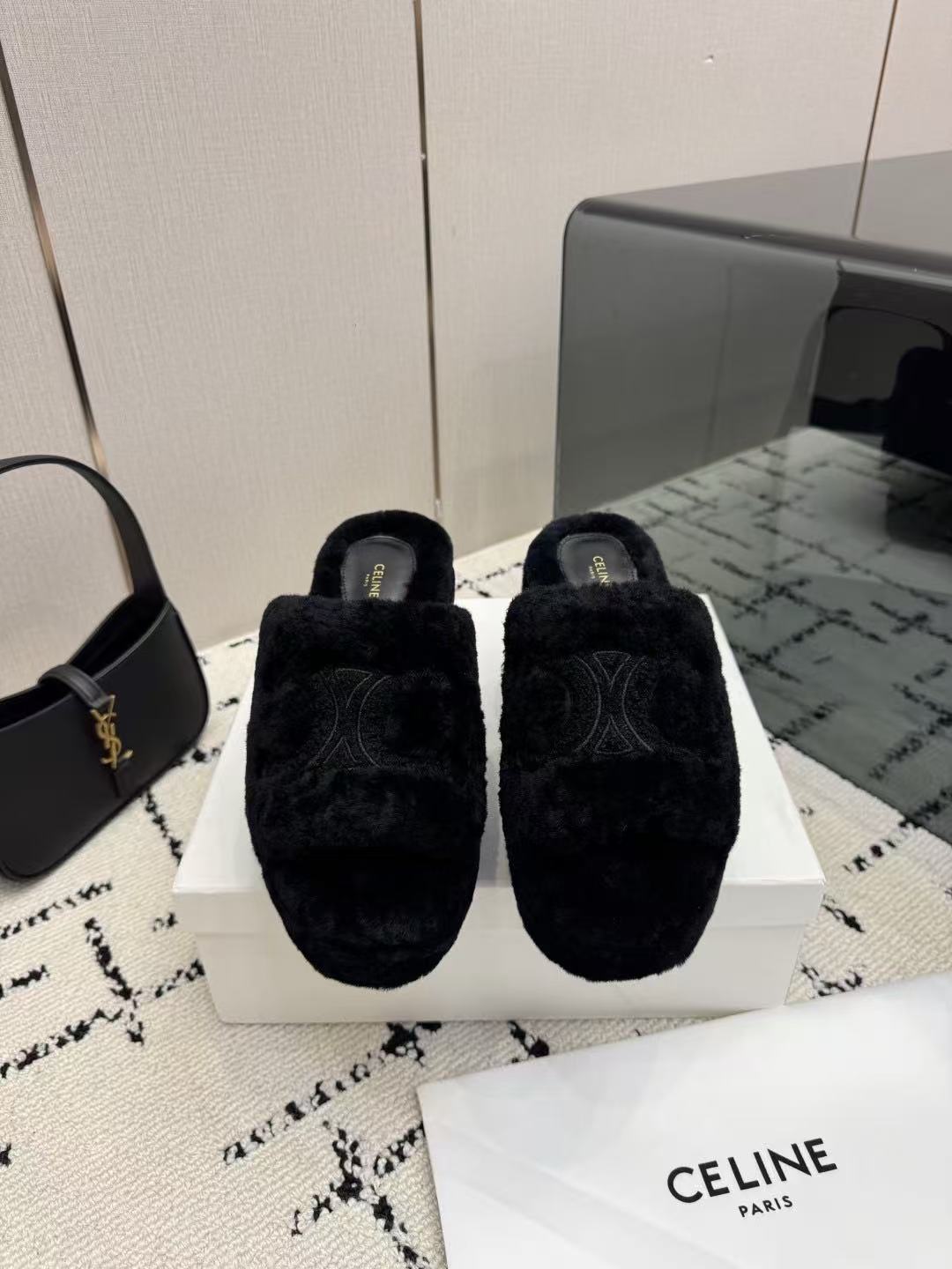 CELINE Grand Triomphe Waterproof Platform High Heels with Fur Trim — Black