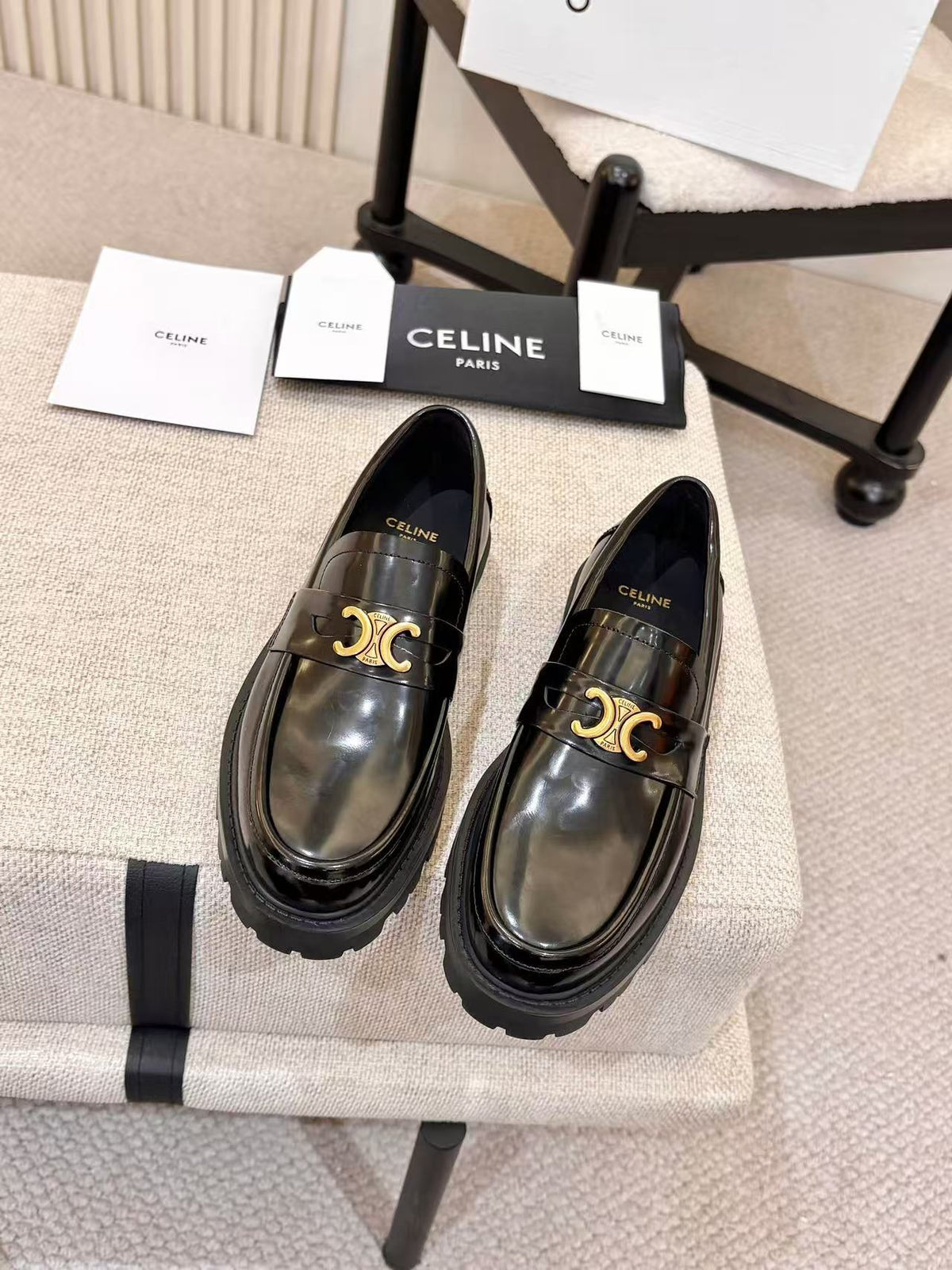 CELINE Triomphe Thick-Sole Loafers — Black
