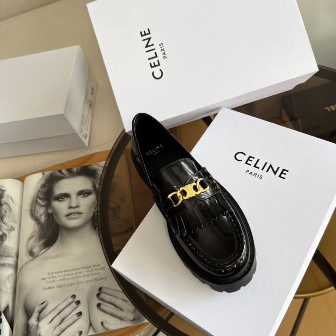 CELINE Chain Tassel Leather Loafers | 3.5cm Heel | Black & Burgundy
