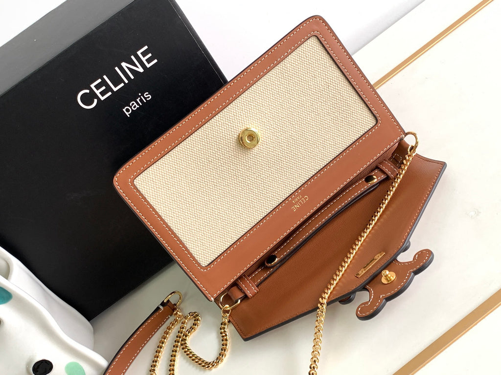 CELINE Cuir Triomphe Fabric & Cowhide Leather Wallet on Chain in Bronze