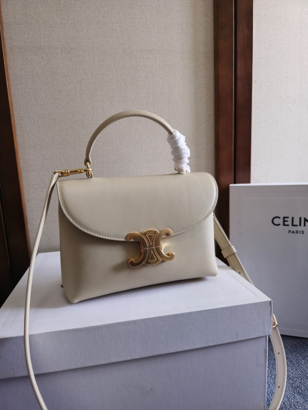 CELINE Triomphe Kelly Handbag in Light Beige