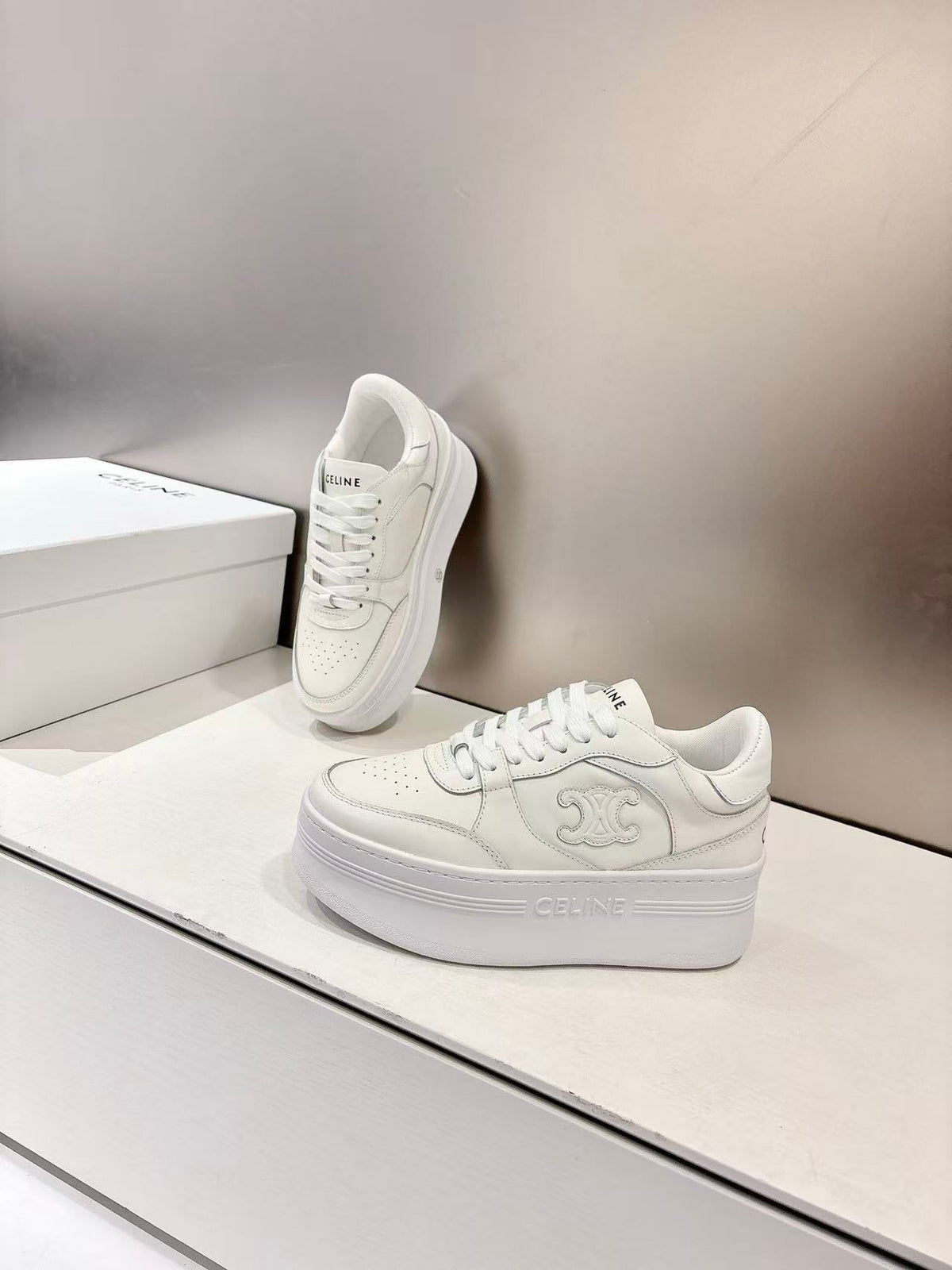 CELINE Triomphe Embellished Wedge Low-Top Sneakers — Women's Optical White