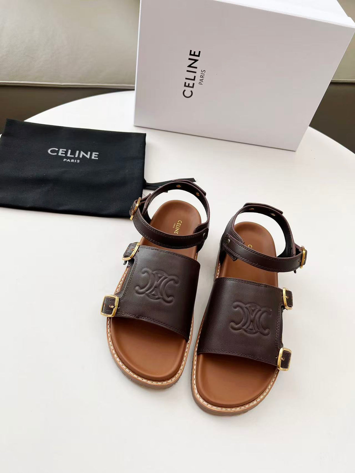 CELINE Arc de Triomphe Logo Platform Sandals — Women's Vegetable-Tanned Leather | EU 35-41