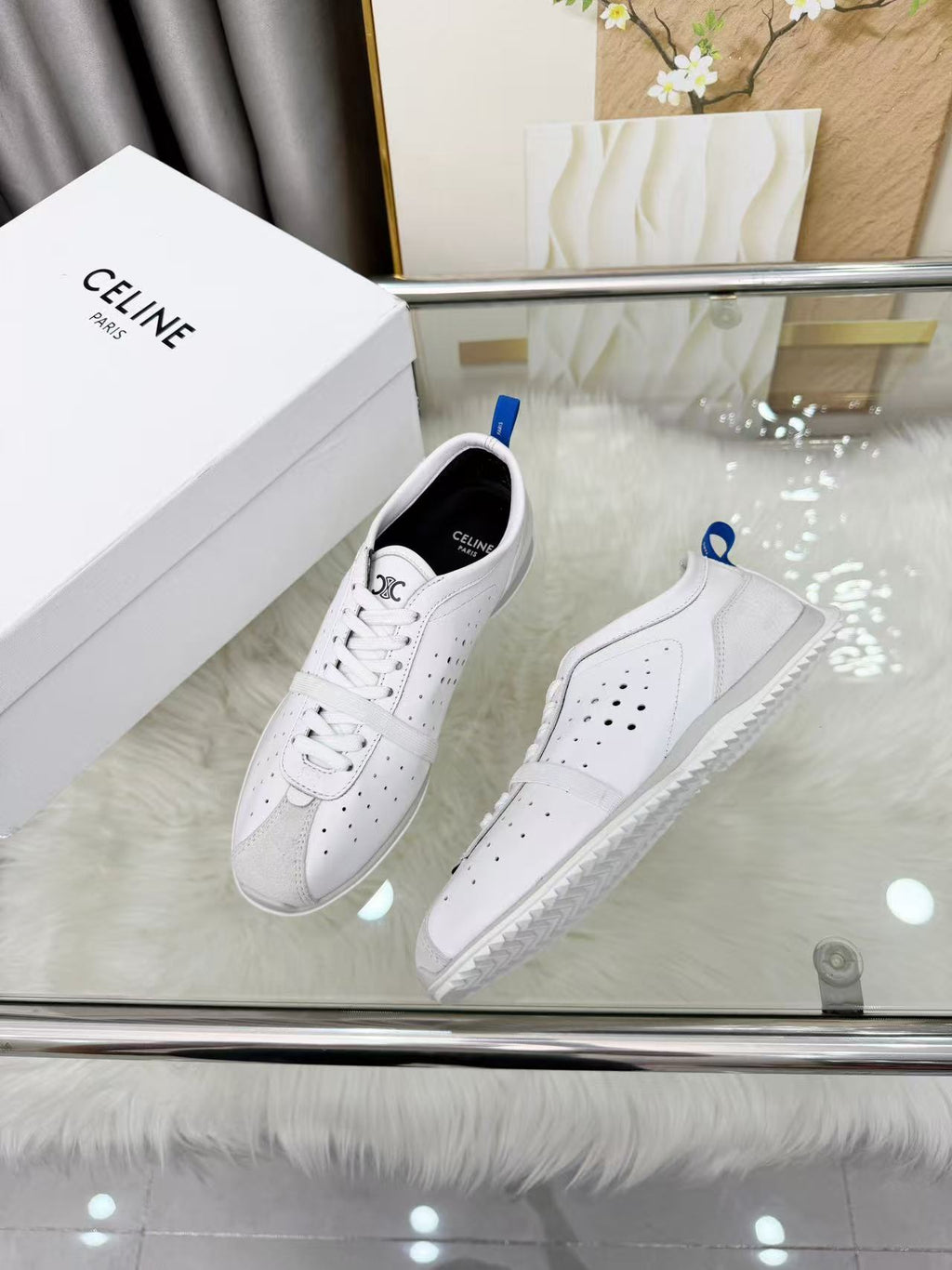CELINE Women's Suede Perforated Lace-Up Low-Top Casual Shoes | Fluorescent White | EU 35-41