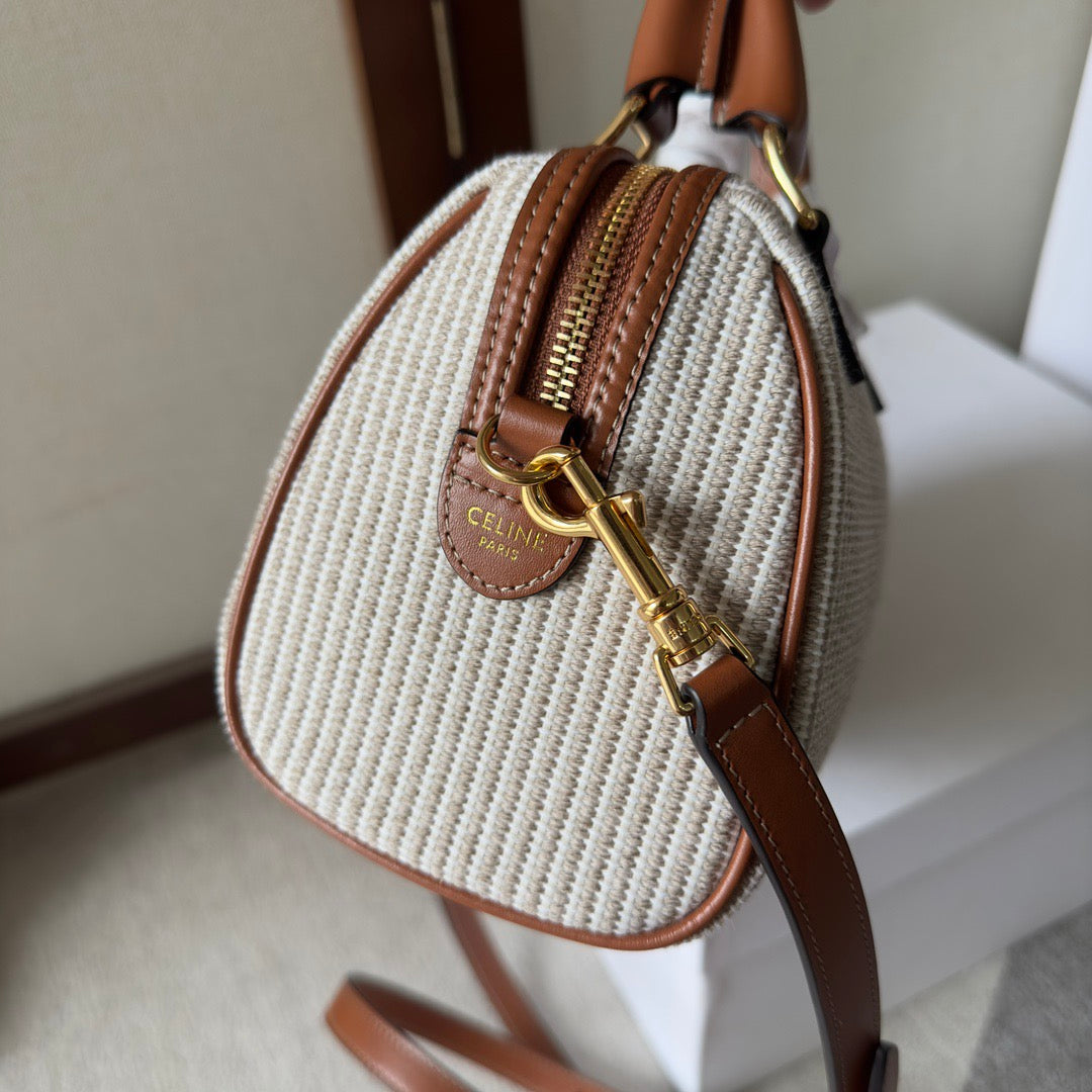 CELINE Small Triomphe Boston Bag in Brown Striped Textile