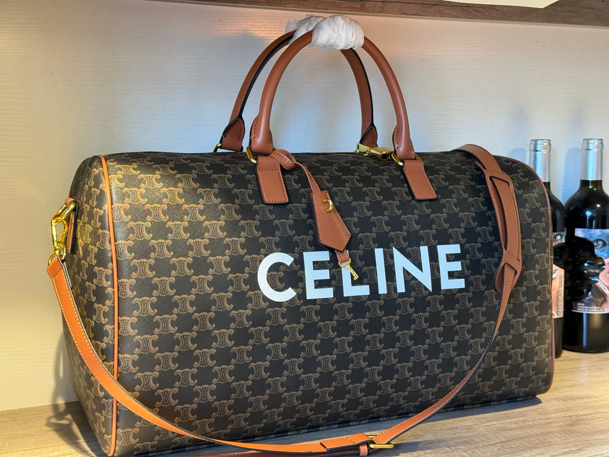 CELINE Triomphe Printed Fabric & Leather Travel Bag in Brown
