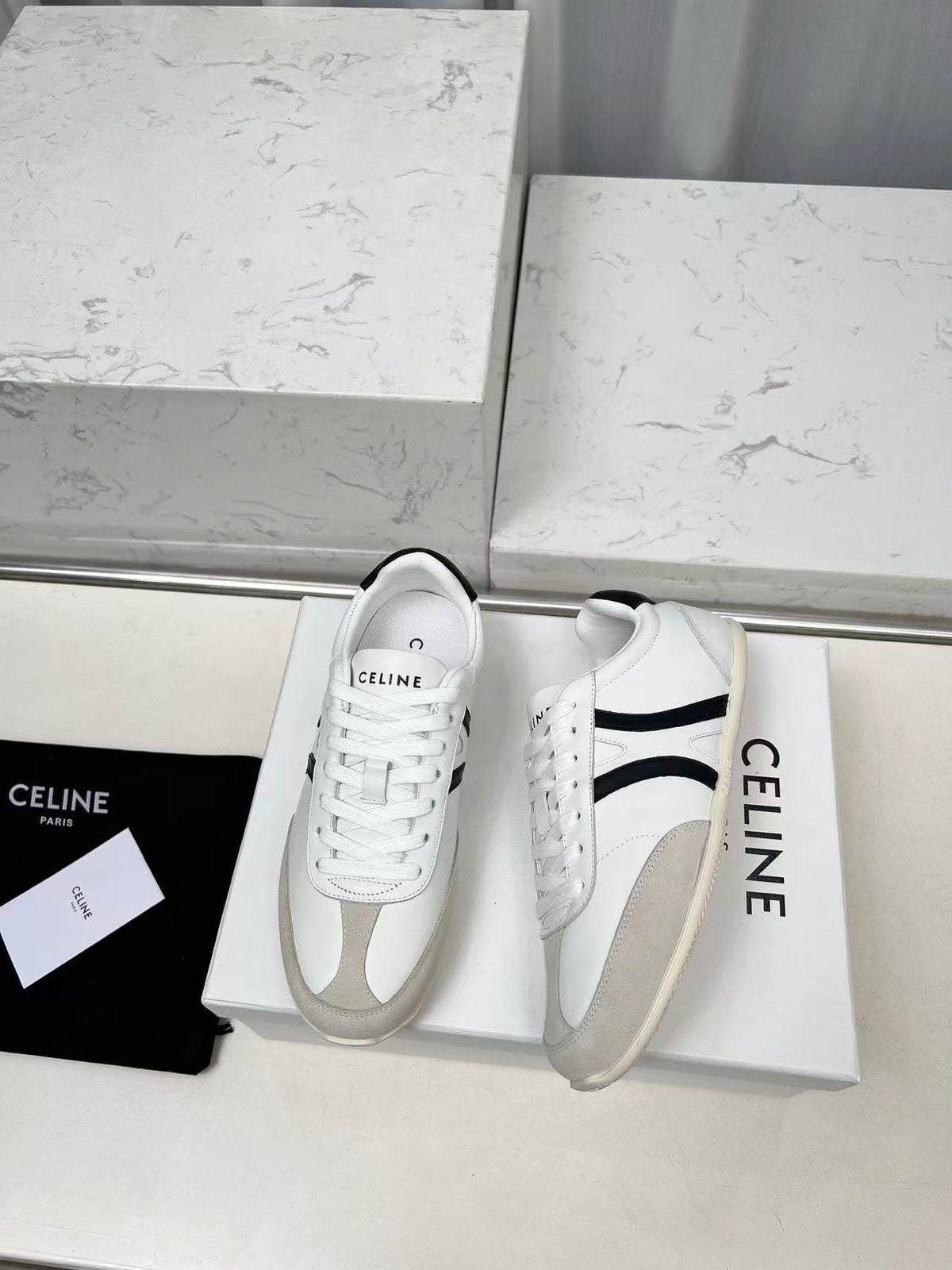 CELINE Jogger Triomphe Low-Top Sneakers in White Cowhide & Suede