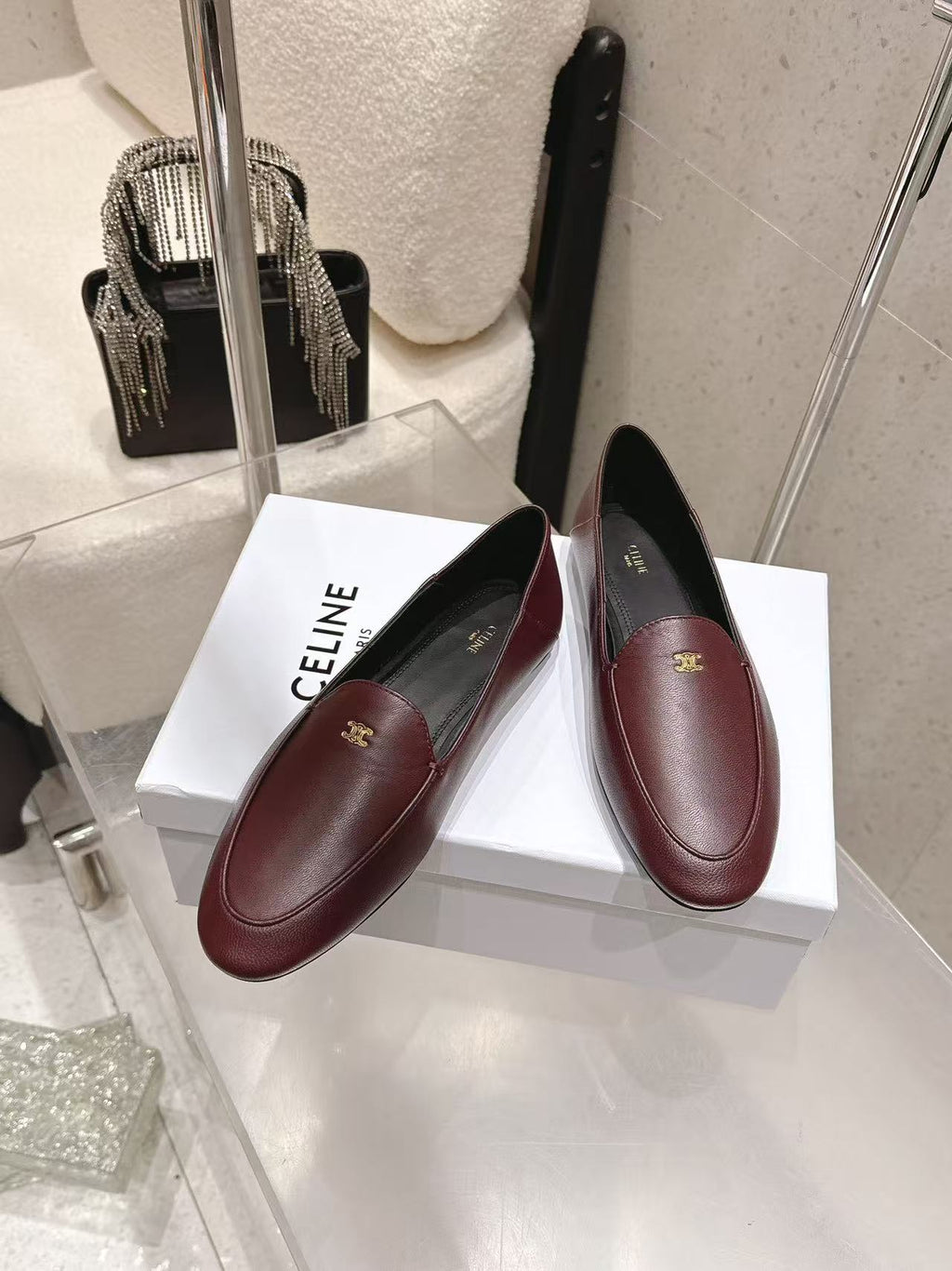 CELINE Triomphe Round-Toe Flat Loafers — Burgundy