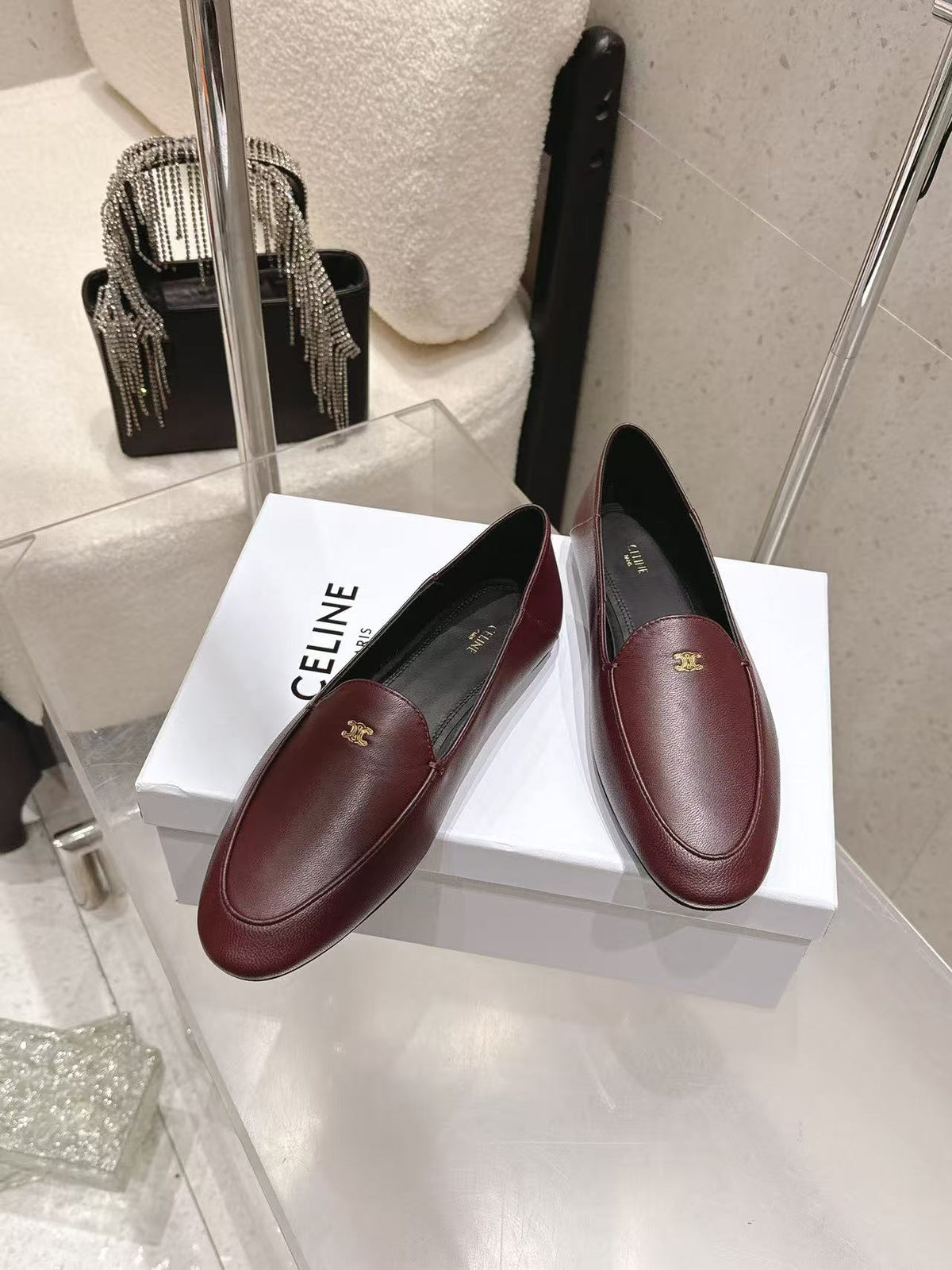CELINE Triomphe Round-Toe Flat Loafers — Burgundy