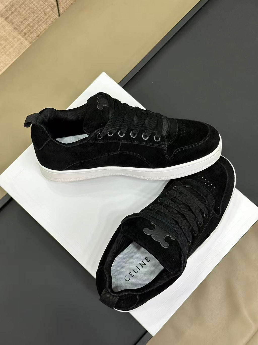 Celine Triomphe Vintage-Style Low-Top Sneakers — Black