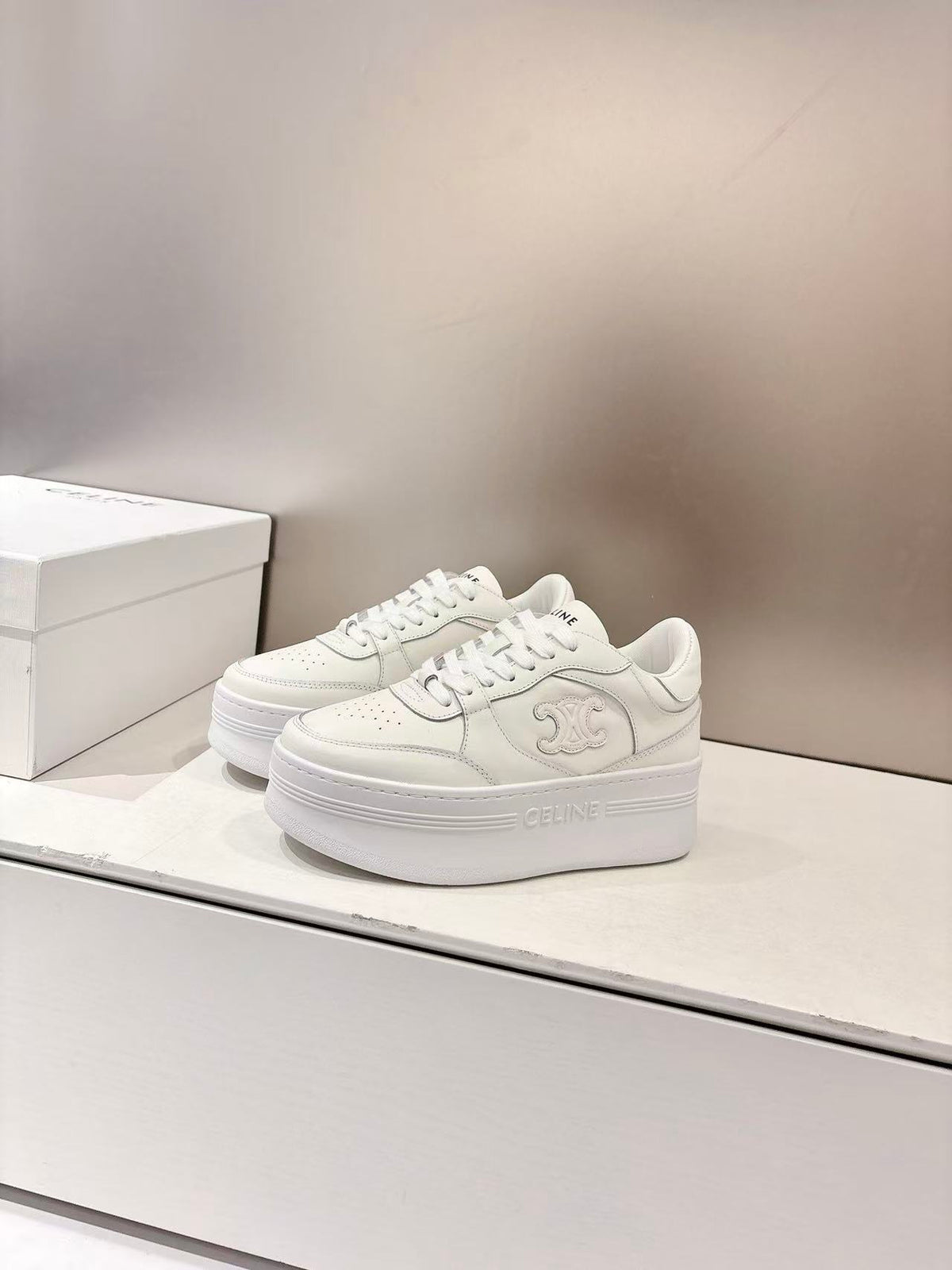 CELINE Triomphe Embellished Wedge Low-Top Sneakers — Women's Optical White