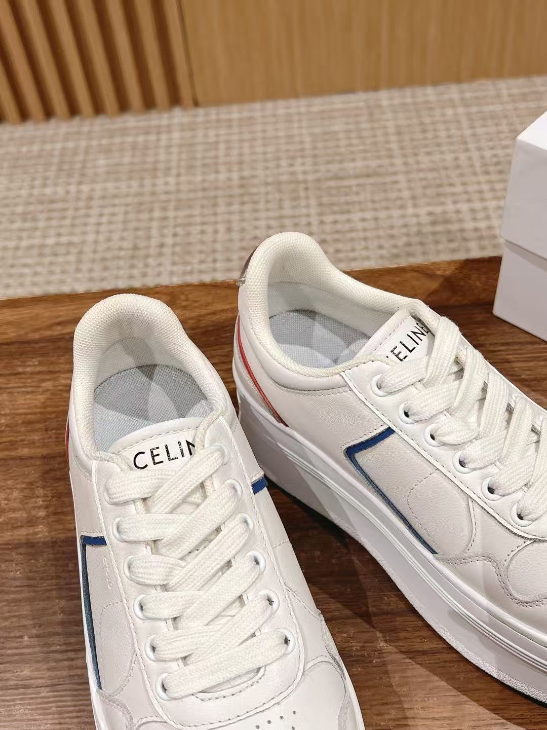 CELINE CT-10 Sneakers — White with Red & Blue Stripe