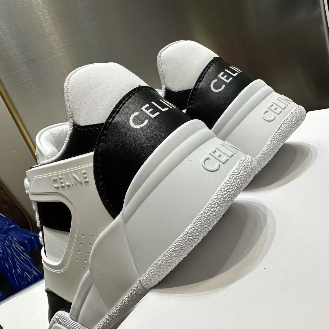 CELINE Leather Lace-Up Low-Top Sneakers — Men's White & Black