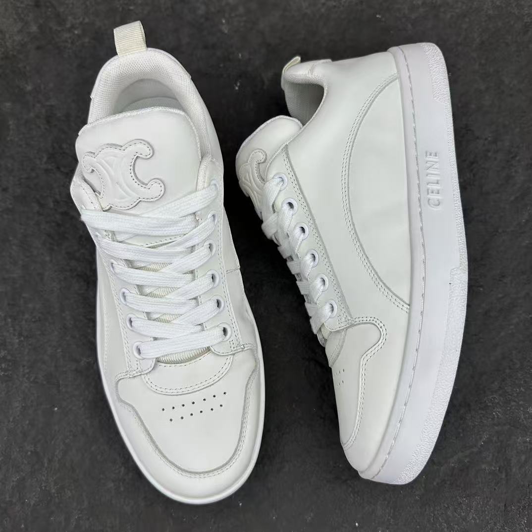 Celine HUNTINGTON Low-Top Lace-Up Sneakers in White Calfskin Suede & Mesh