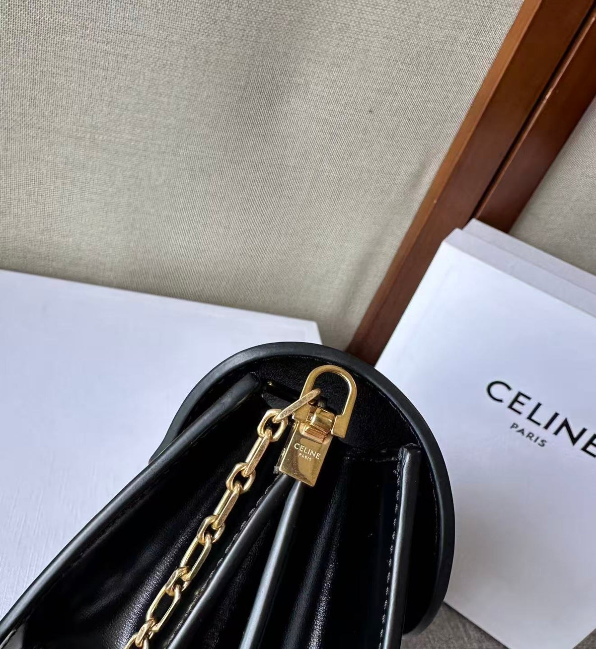 Celine Triomphe Chain Bag in Shiny Calfskin — Black