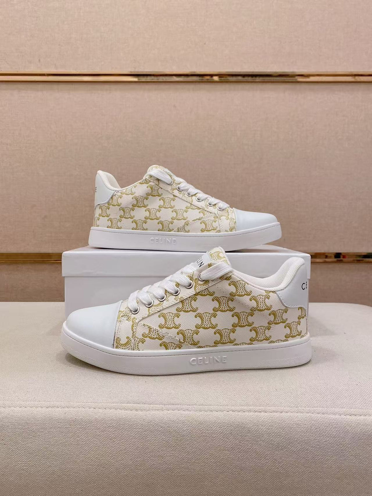 Celine Color-Block Sneakers — Ecru & Brown