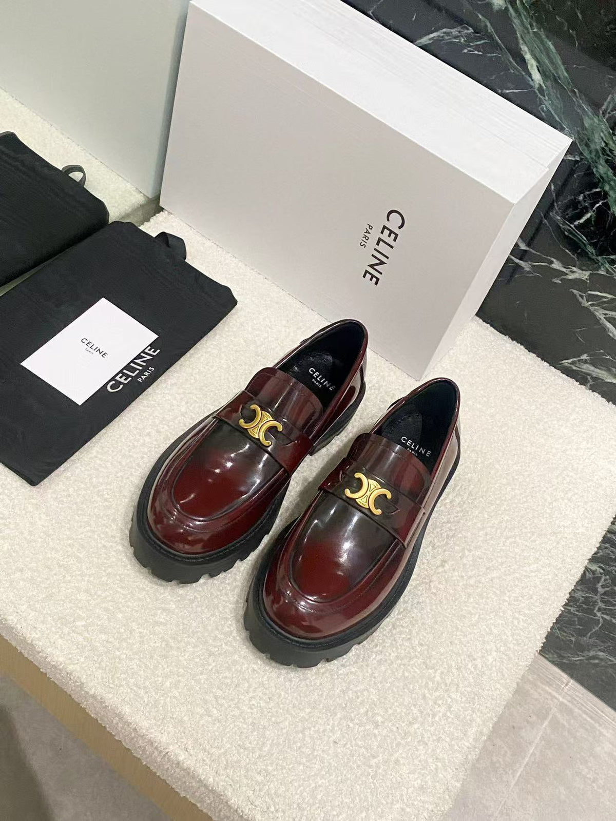 CELINE Chain Tassel Leather Loafers | 3.5cm Heel | Red