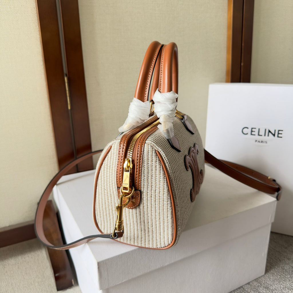 CELINE Small Triomphe Boston Bag in Brown Striped Textile