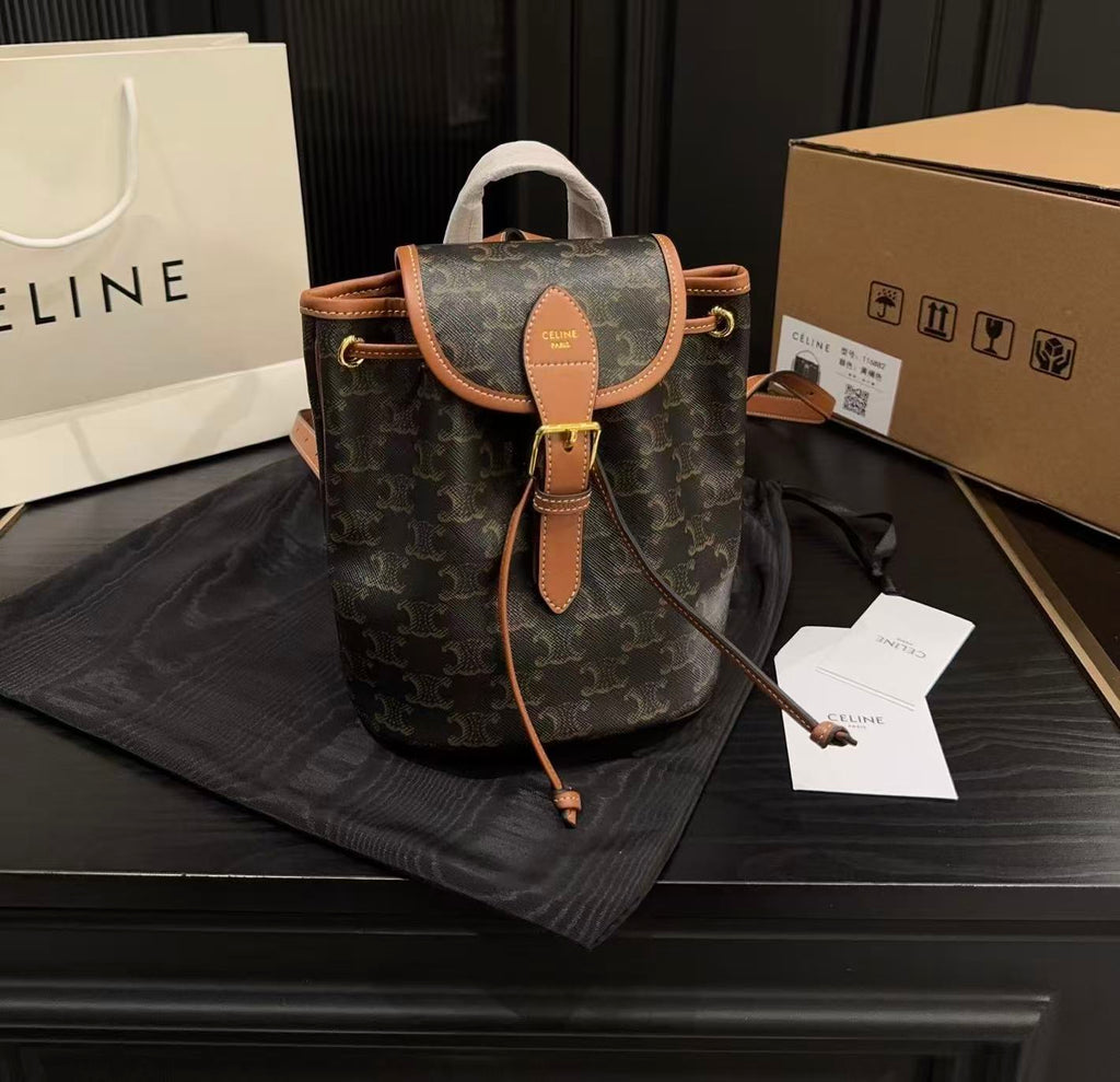 CELINE Folco Logo-Print Flap Bag in Brown