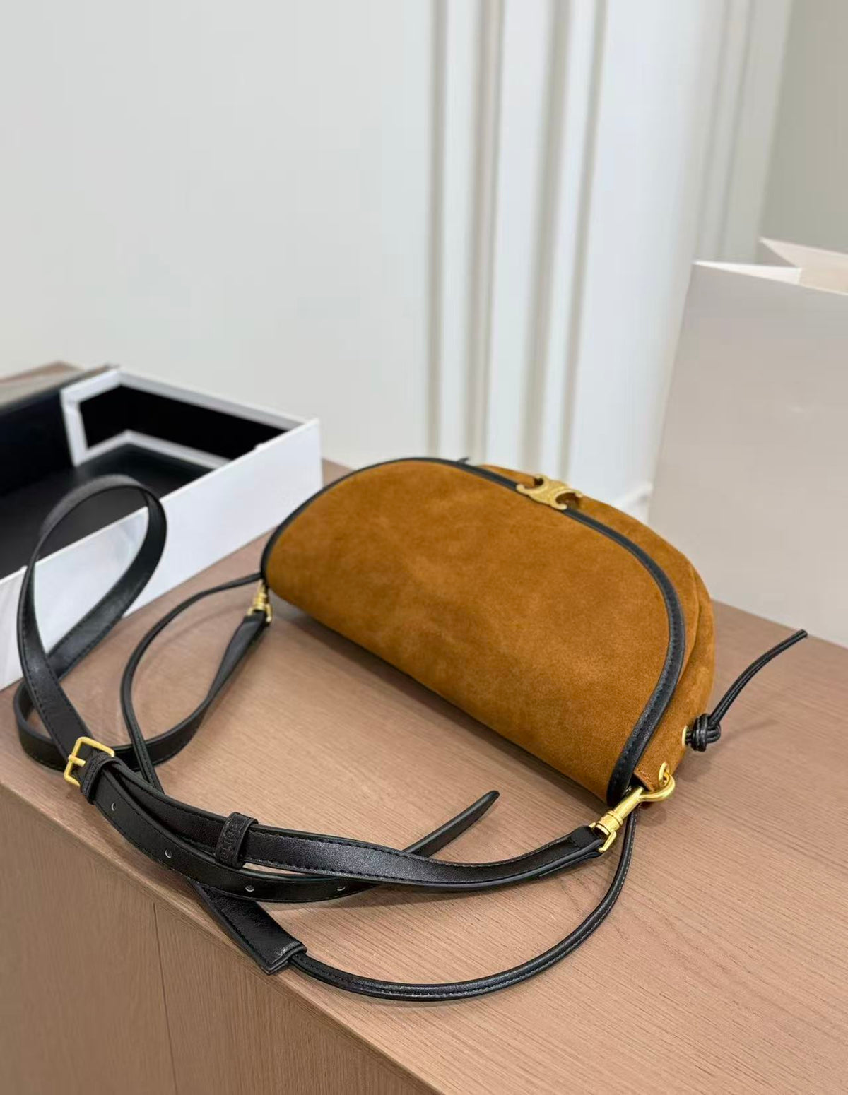 CELINE Halfmoon Shoulder-Slung Clutch in Bronze