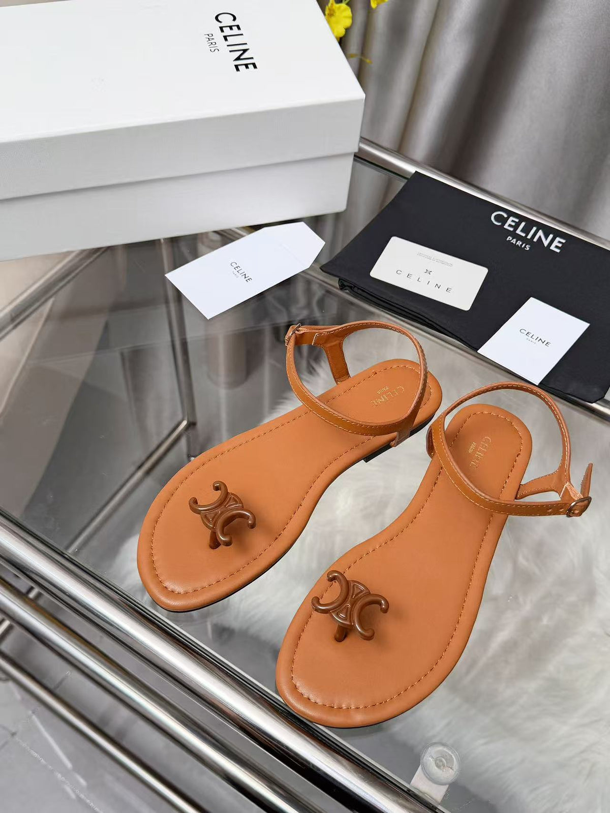 CELINE Triomphe Flat Thong Sandals — Brown