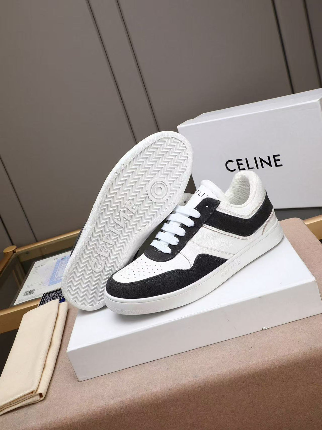 Celine Low-Top Sneakers with Celine Logo Detail — Black & White