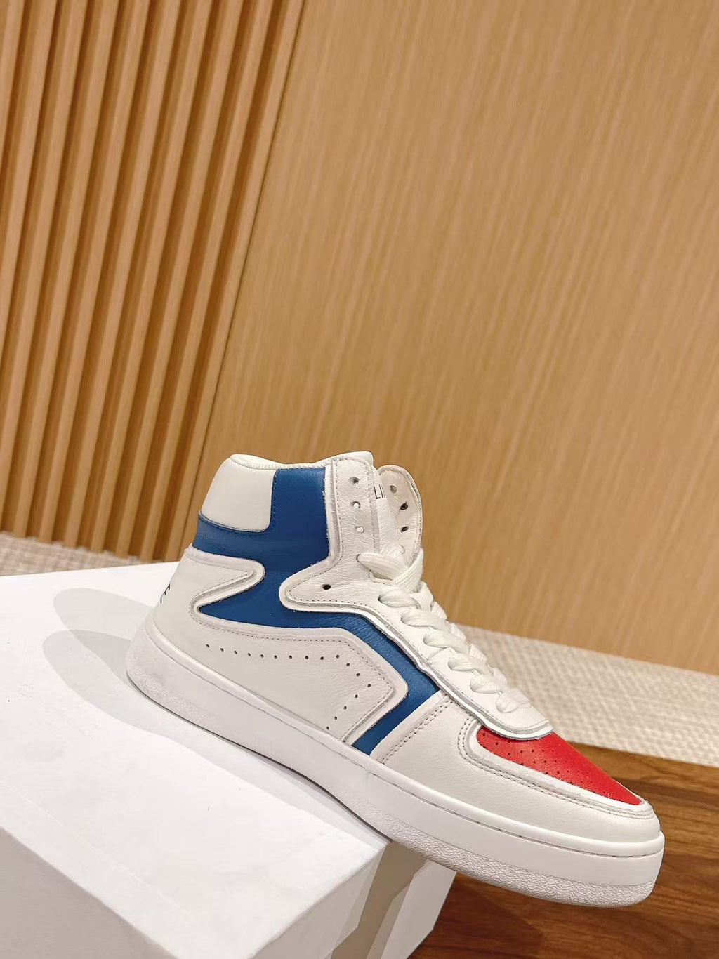 Celine Triomphe Low-Top Sneakers — White with Red & Blue