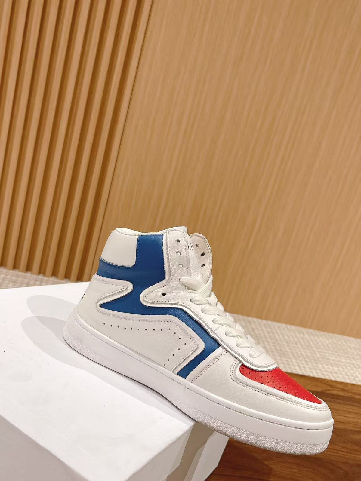 Celine Triomphe Low-Top Sneakers — White with Red & Blue