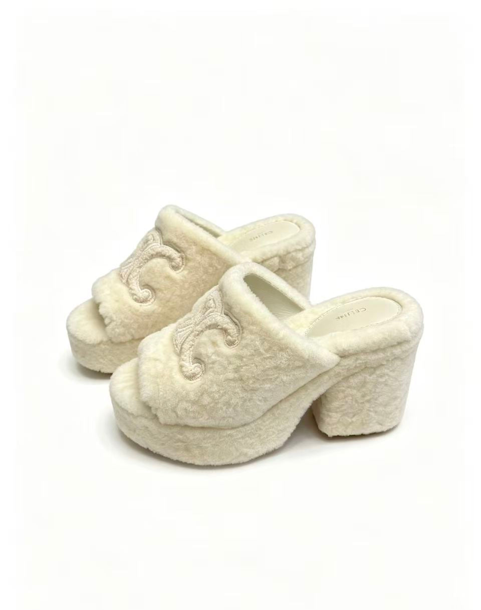 CELINE Grand Triomphe Waterproof Platform High Heels with Fur Trim — Beige