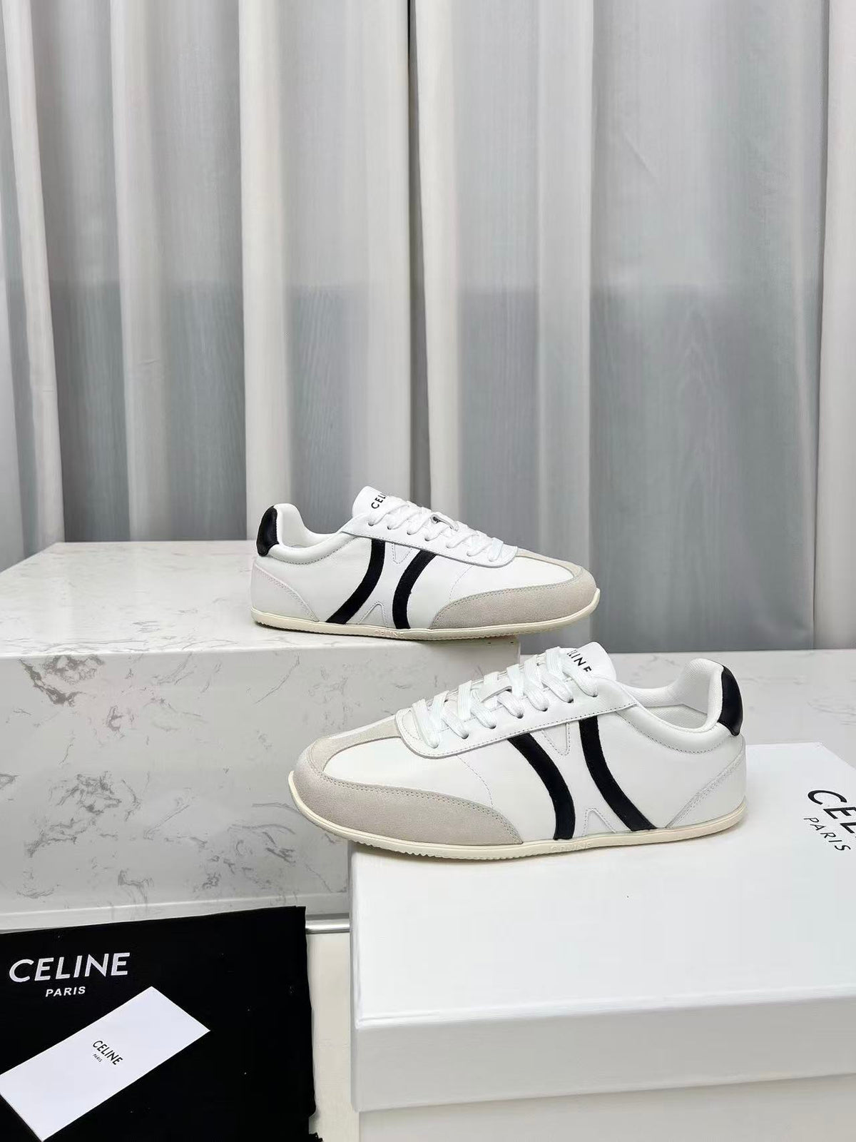 CELINE Jogger Triomphe Low-Top Sneakers in White Cowhide & Suede